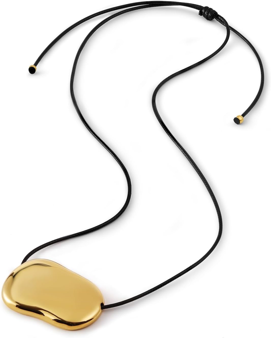 Chunky Gold Silver Long Pendant Necklace for Women, Minimalist Charm on Adjustable Black Cord, Statement Bean Pebble Necklace Jewelry
