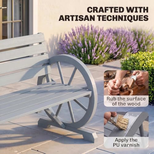 Image of Outsunny 41 inch Wooden Outdoor Bench Rustic Wagon Wheel Light Gray