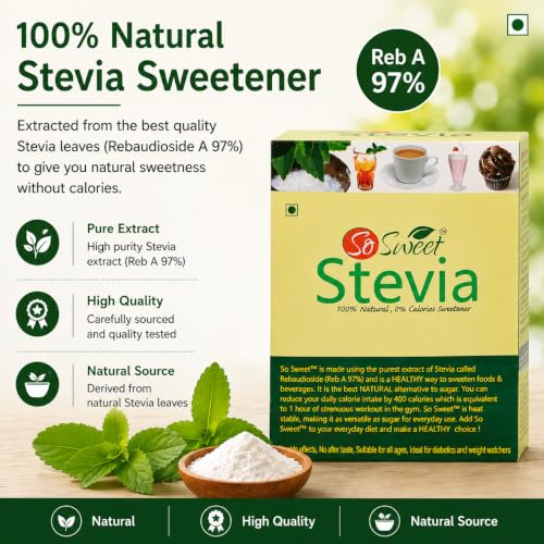 Image of So Sweet Stevia Sugar-Free Natural Zero-Calorie Sweetener, 50 Sachets (Pack of 5), Ideal for Sweetening Drinks, Baking, and Cooking, Diabetic & Keto-Friendly