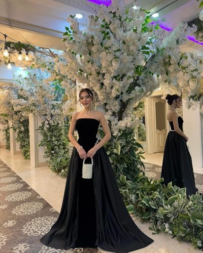 SINRWROD Satin Strapless Prom Dresses with Pearls Velvet Formal Evening Dress Ball Gowns4