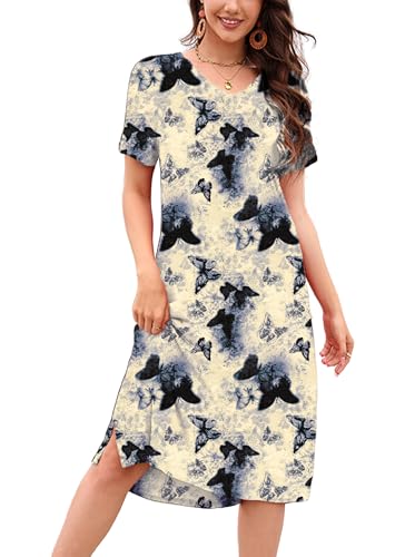 Women Summer Dress V Neck Loose Knee Length Soft Casual Daily Wear 02B S