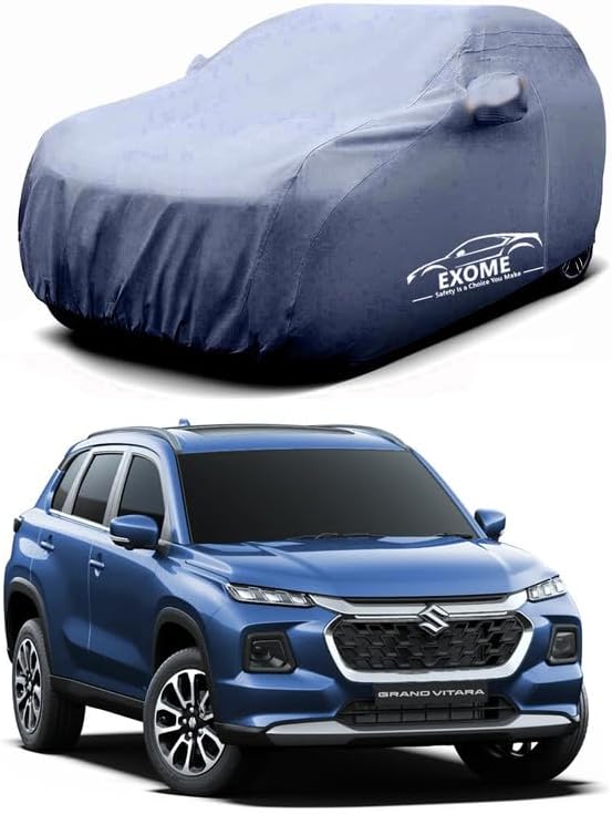 EXOME® - Waterproof Resistant - Indoor & Outdoor Heavy Buckle Belt, Triple Stitched - Full Car Body Cover for Maruti Suzuki Grand Vitara (Jet Grey)
