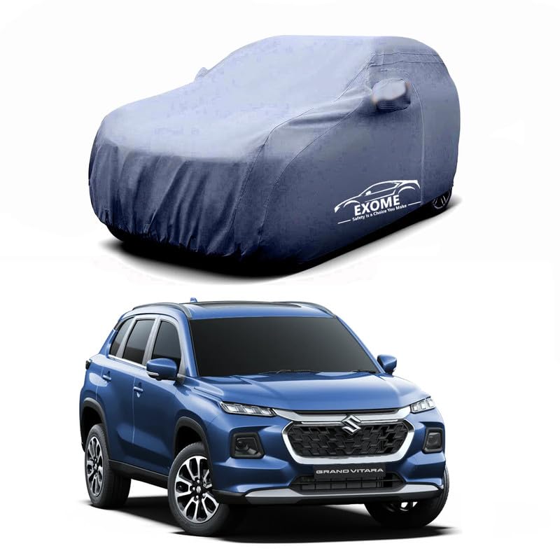 EXOME® - Waterproof Resistant - Indoor & Outdoor Heavy Buckle Belt, Triple Stitched - Full Car Body Cover for Maruti Suzuki Grand Vitara (Jet Grey)