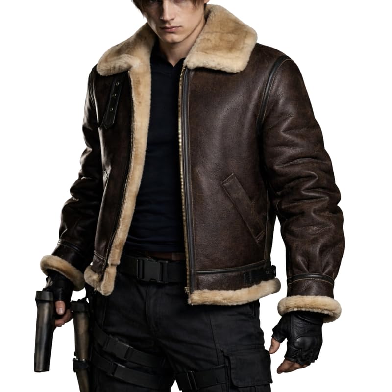 Leon S Kennedy RE9 Requiem Shearling Leather Jacket Resident Evil Cosplay Fur Collar Coat