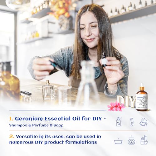 Image of HIQILI 100ML Geranium Essential Oil for Skin, Diffuser & Candle, 100% Pure and Natural - 3.38 Fl Oz