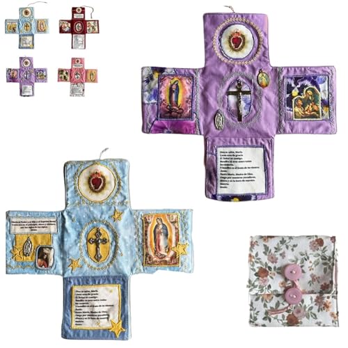 Devocional Bolsillo Artesanal, Santuario Cristiano Plegable Bolsillo, Edición Fe Elementos Jesús, Santuario Católico Portátil de Bolsillo con Cruz, Edredón Bordado, Regalo Cristiano.(2pcs-c)