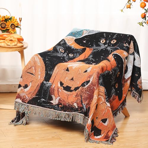 Halloween Throw Blanket Woven Tapestry Blanket Black Cat Pumpkin ...