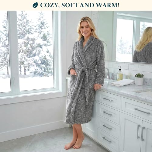 Image of PAVILIA Premium Womens Plush Soft Robe Fluffy, Warm, Fleece Sherpa Shaggy Bathrobe