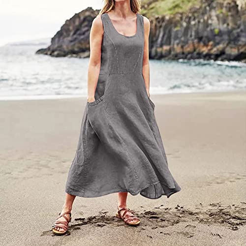 Plus Size Cotton Linen Summer Dresses for Curvy Women 2025 Sleeveless Maxi Vacation Beach Sundresses with Pockets