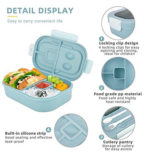 Bento Box For Kids,1.3L Bento Box Adult Lunch Box,Lunch Box Container For Kid/Adults/Toddler,Bento Boxes With 4 Compartment&Utensiles,Leak Proof,Microwave/Dishwasher/Freezer Safe(Light Blue) #TOP3