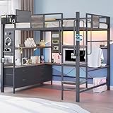 busyaeh Loft Bed Full Size with 5 Drawers & 3 Open Shelves and Charging Station，Full Size Loft Bed with Desk & LED Lights and Thickened Tread Stairs,Loft bed Space-Saving,No Box Spring Needed,Oak Gray