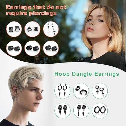 ONESING 12 Pairs Black Magnetic Earrings: Clip On, Hoop & Dangle Designs - Non-Piercing Set for Men & Women3