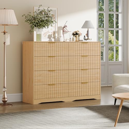 Image of Fluted 8 Drawer Dresser for Bedroom, 55 inch Wide Modern Wooden Chest of Drawers with Metal Handles, TV Stand & Closet Storage Organizer for Living Room,Hallway, Natural Wood