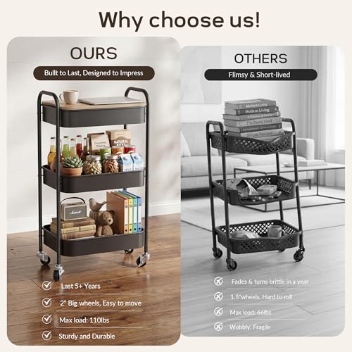 Image of DTK 3 Tier Rolling Cart with Wheels, Heavy Duty Metal Utility Cart, Mobile Storage Organizer with Lockable Casters, Multi-Purpose Rolling Cart for Nursery, Bathroom, Kitchen, Office, Classroom