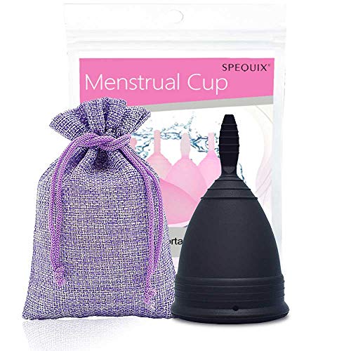 SPEQUIX Menstrual Cup - Easy Remove - Long Stem Design - Most Comfortable Period Cup - Wear for 12 Hours - Reusable,Soft Medical Grade Silicone (Black, Small)