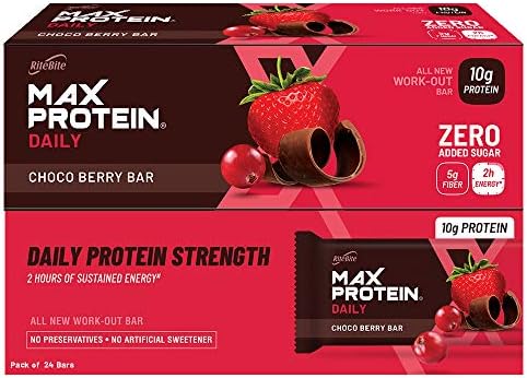 RiteBite Max Protein Daily Choco Berry Protein Bars with 10g Protein, 5g Fiber & 21 Vit. & Minerals | 0 Added Sugar, No Cholesterol & Trans Fat For Upto 2h of Energy, Healthy Snack, 50g (Pack of 24)