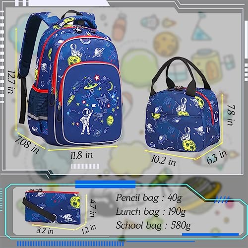 Dorlubel Lightweight Space Backpack for Boys School Bag with Insulated Lunch Tote & Pencil Case Preschool Kindergarten Elementary Book Bag Set(Yellow Space Astronaut Set)2