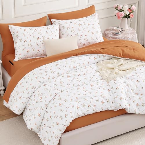 Image of Andency Floral Full Comforter Set, 7 Pieces Cute Orange Bedding Sets, Coquette Cottagecore Flower Dorm Bedding, Soft Lightweight Comforter with Sheets, Pillowcases & Shams for Teen Girls