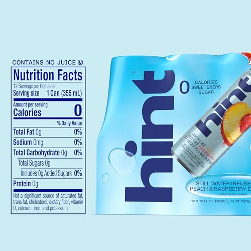 Image of Hint Canned Water Zero Sugar 0 Calories - Peach Raspberry (12 pack) | Crisp, refreshing water, fruit flavors. 0 calories, 0 sugar, 0 sweeteners. Hydration for wellness. Gluten-free, Kosher, Vegan