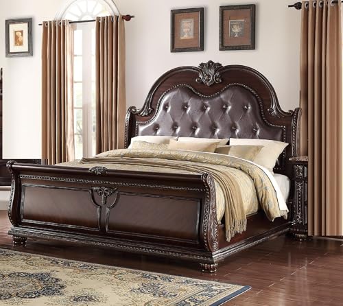 Vintage Bed Frame King Size - Classic Sleigh Bed with Faux Leather Tufted Headboard, Traditional Solid Cherry Wood Antique Bed with Carved Pattern and Nailhead Trim for Bedroom Furniture, Brown
