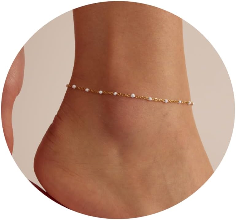 18K Gold Plated Boho Beaded Anklets for Women Dainty Gold Layered Round Ball Ankle Bracelet Pearl Cross Anklet Bracelet Waterproof Gold Jewelry
