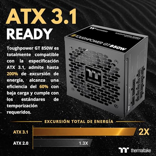 Thermaltake Toughpower GT 850W | Fuente de Alimentación Totalmente Modular ATX 3.1 | PCIe 5.1 12V-2×6 Nativo | 80 Plus Gold | Ventilador 120mm Silencioso | Smart Zero Fan | 5 Años Garantía | Negro 4