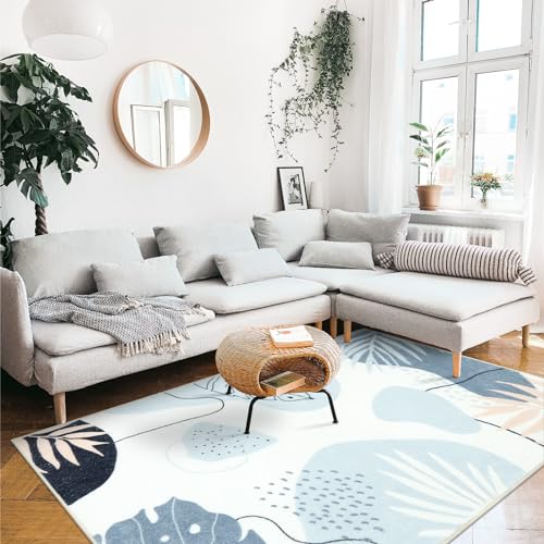 Image of Seavish Boho Area Rugs for Living Room 5x7 Blue Botanical Print Rugs for Bedroom Aesthetic Low Pile Washable Dining Room Rugs Mid Century Modern Decor Accent Rug for Nursery Playroom Classroom