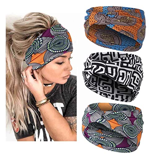 Generse Fasce larghe elastiche Boho fascia per capelli fiore yoga turbante vintage per donne e ragazze 3 pezzi