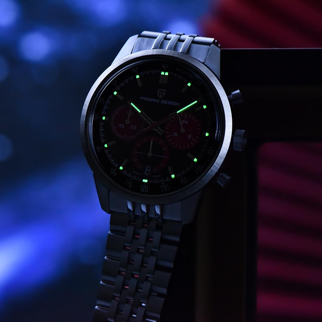 Pagani Design 1827 - Orologio cronografo da uomo, al quarzo, movimento giapponese VK63, cassa in acciaio inox, impermeabile fino a 100 m, quadrante luminoso, datario, sportivo, casual