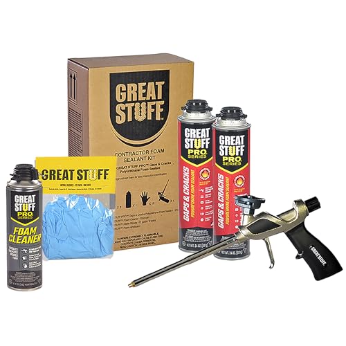 Great Stuff Pro Gaps & Cracks Spray Foam Kit – Fire Rated Orange Sealant Fills Gaps Up to 3' – Includes Great Stuff Foam Gun, Gloves, Cleaner