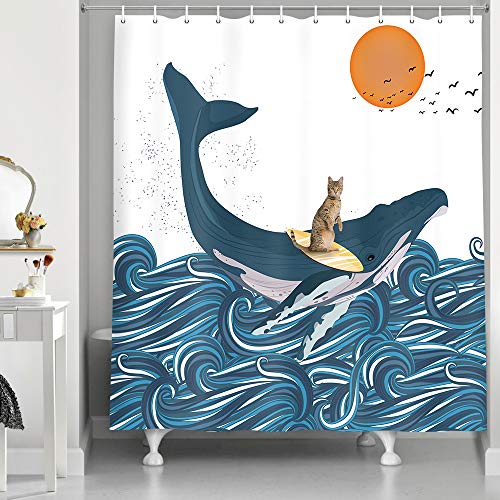 NYMB Divertido juego de cortina de ducha con diseño de gato y ballena, decoración de baño, diseño de playa, color azul japonés, Kanagawa, gran ola oceánica, ganchos incluidos, 69 x 70 pulgadas Cover
