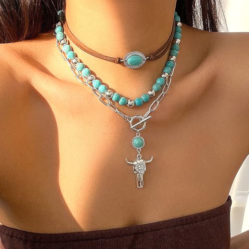Boho Western Necklaces for Women,Turquoise Beaded Layered Necklaces Vintage Cow Cactus Pendant Choker Necklace Set,Cowgirl Jewelry Accessories Gifts3
