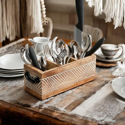Image of Ikari Homes Wooden Cutlery Holder With Antique Carving Geometric Pattern I Cutlery Stand For Spoon /Fork /Tissues I Premium Cutlery Stand For Dining Table I 10 In X 4 In X 4 In With Handles, Brown