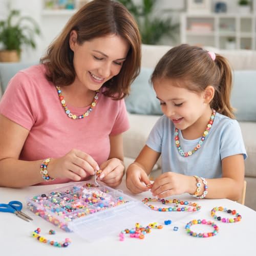 Image of ambitieux DIY Bracelet Making Kit - 350+ Pieces of Colorful Beads, 10M Elastic Thread, Jute Bag, And Cutter - Gift For Girls Birthdays (Cute Designer Beads),Multicolor