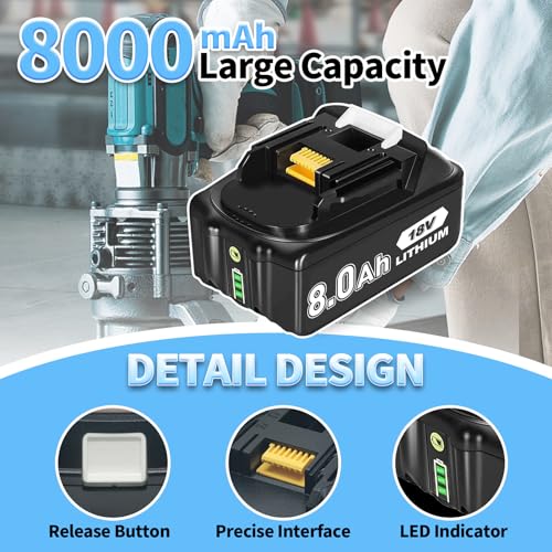 Image of 2 Count 8000mAh BL1860B 18V Replacement for Maki-ta 18V Battery Compatible with Maki-ta 18 Volt Lithium-ion Battery BL1815 BL1830 BL1845 BL1850 BL1840 BL1820 Cordless Power Tools (02)