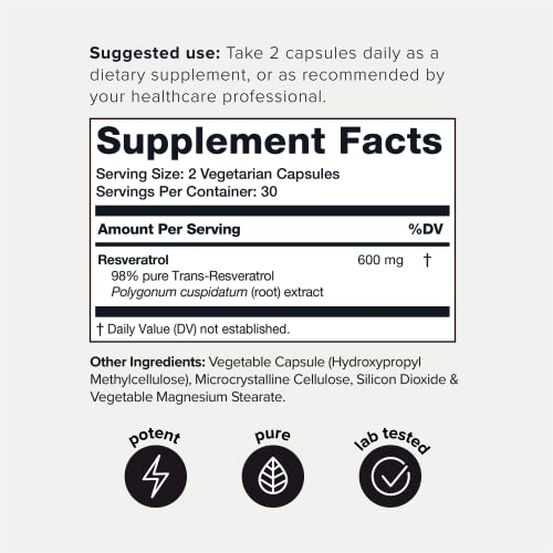 Toniiq Ultra High Purity Resveratrol Capsules - 98% Trans-Resveratrol - Highly Purified and Bioavailable - 60 Caps Reservatrol Supplement
