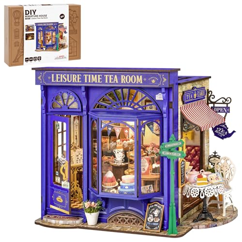 ROBOTIME DIY Miniature House Casa de Muñecas Salón de té Leisure Time, Casa Miniatura para Montar de Madera con LED, Maqueta Miniatura Biblioteca Regalo para Adultos y Adolescente