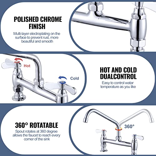 Iviga Commercial Sink Faucet With 10” Swivel Spout & Supply Lines, 8" Center Deck Mount Kitchen Faucet, Dual Handles Brass Utility Sink Faucet For Laundry Room Restaurant Compartment Sink, Polish #TOP5