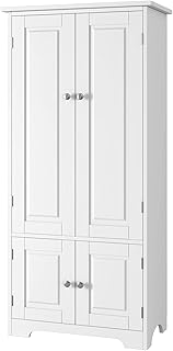 Tall Cupboard Wooden Floor Stand Storage Cabinet With 4 Doors Kitchen Room Storage Unit White Sideboard for Dining Room 59...