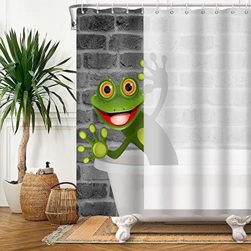 SDOTPMT 122x183cm Cartoon Frog Shower Curtain Cute Funny Frog with Greater Eye Animal Bath Curtain Grey Brick Wall White Bathtub Curtain for Kids Bathroom Fabric Polyester Waterproof with Hooks