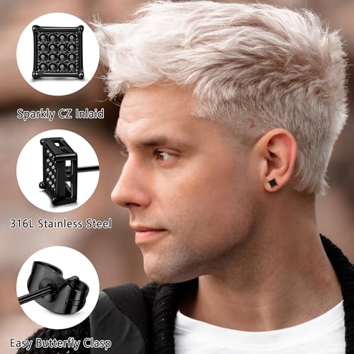 JOERICA 4 Pairs Stainless Steel Stud Earrings for Men Women Silver Black Square Earrings Set Mens Earrings Inlaid Cubic Zirconia 6-10MM2