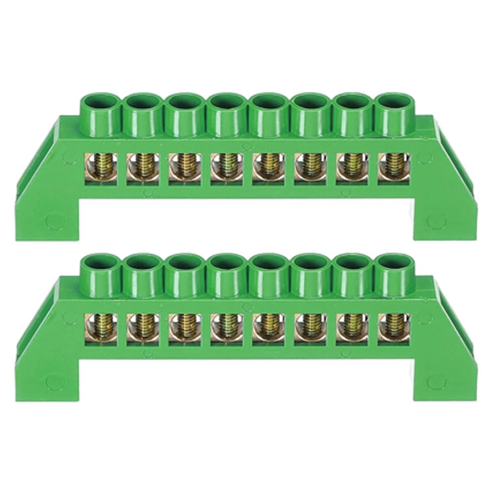 2Pcs Terminal Grounding Bar 8 Positions Brass Wire Screw Terminal Bus Bar Block Grounding Strip Green Shell for Electrical Distribution