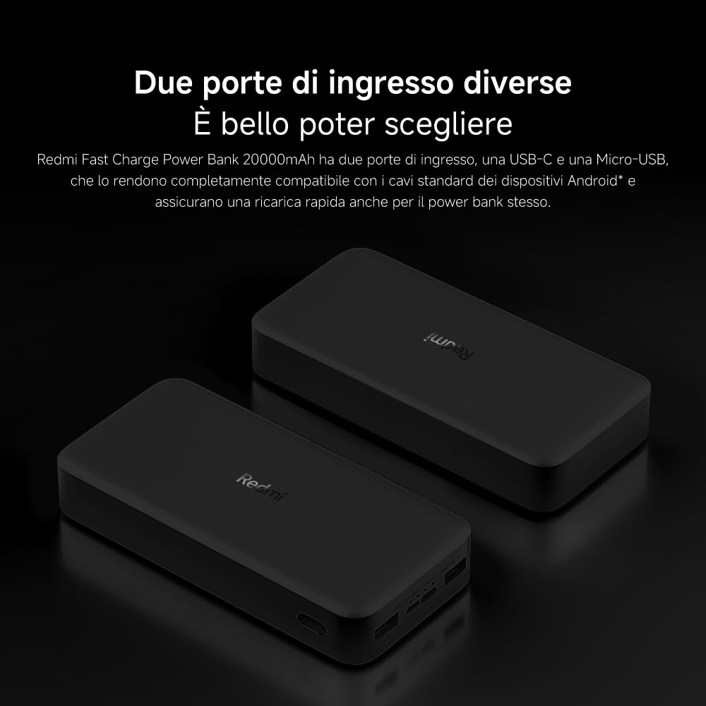 Redmi Power Bank da 20000 mAh, ricarica rapida, ricarica rapida bidirezionale da 18 W, doppia porta di ingresso e uscita, 74 Wh ad alta capacità, batteria esterna compatibile con iPhone