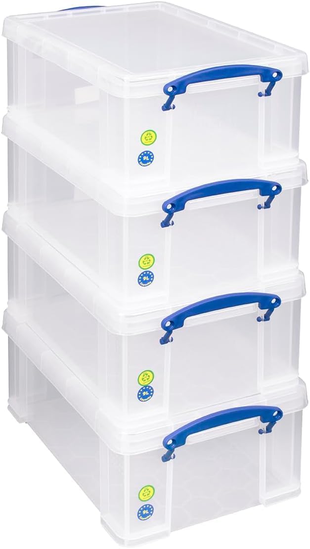 Lot de 4 boîtes très utiles, 9 l, 395 x 255 x 155 mm, pour 24 DVDs/papier A4, transparentes