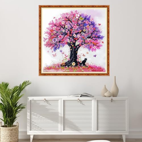 Image of Findvoor Stamped Cross Stitch Kits for Beginner Embroidery Kits for Beginners Adults DIY 11CT Cross Stitch Patterns Needlepoint Kits Crossstitching Kits-Rainbow Tree Cat 18x18 inch