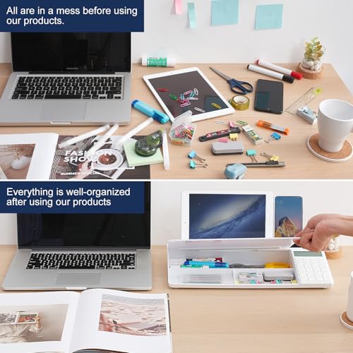 Image of Small Glass Desktop Whiteboard Dry-Erase-Board - Computer Keyboard Stand with Calculator White Board Surface Pad with Drawer, Desk Organizers with Accessories for Office, Home, School Supplies - White