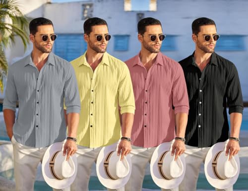 Image of FINIVO FASHION Combo of Men's Casual Cotton Plain Button Down Shirt Long Sleeve Textured Summer Beach Shirt for Men Pack of 4