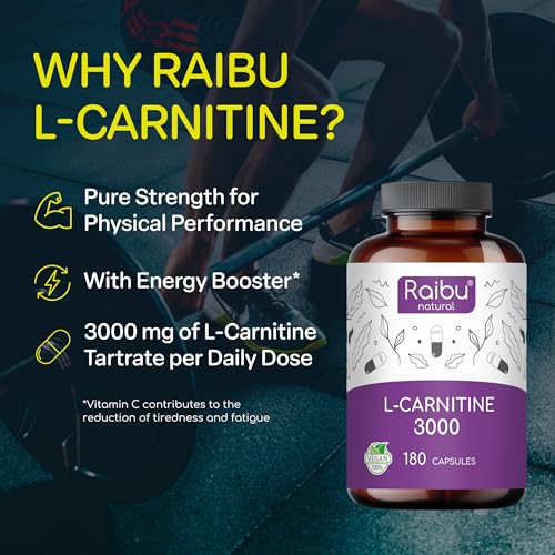 L-Carnitine 3000-180 High-Strength Capsules with Vitamin C - L-Carnitine Tartrate 3000mg per Daily Dose - Energy & Metabolism Support - Vegan, Natural & Laboratory Tested - Raibu - Image 3
