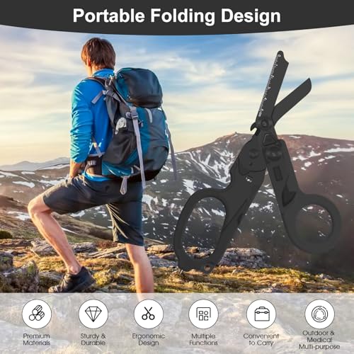 Image of 6 in 1 Multifunctional Combination Tool, Folding Retractable Emergency Shears, Outdoor Camping Tools, Seat Belt Cutter, Oxygen Cylinder Wrench, Complimentary Adjustable Wrench (Electroplating black)