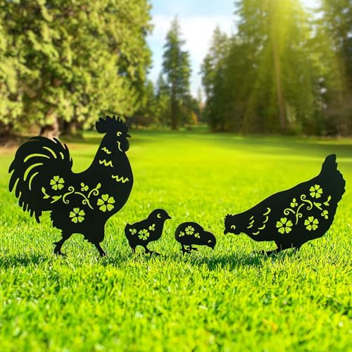 MrMrKura Lot de 4 piquets décoratifs de jardin en métal en forme de poule, cadeaux décoratifs pour femmes et hommes, statues de silhouette de poulet noir...